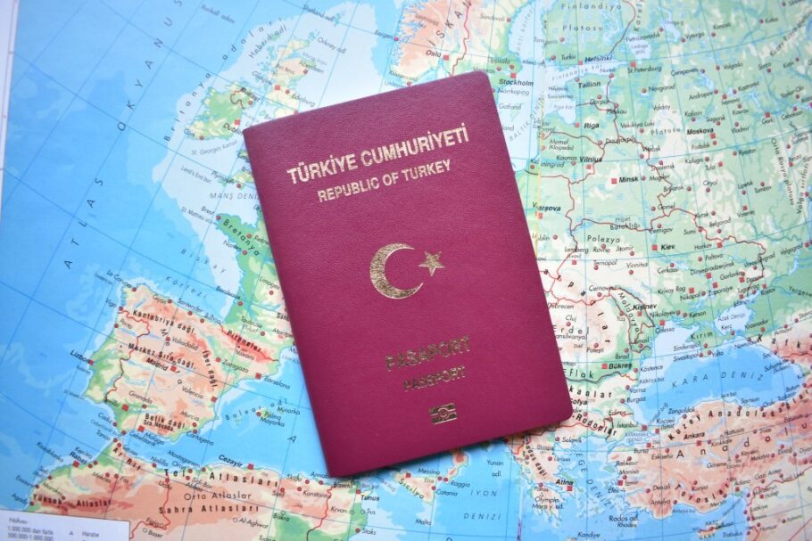 Turkish Passport on map of world